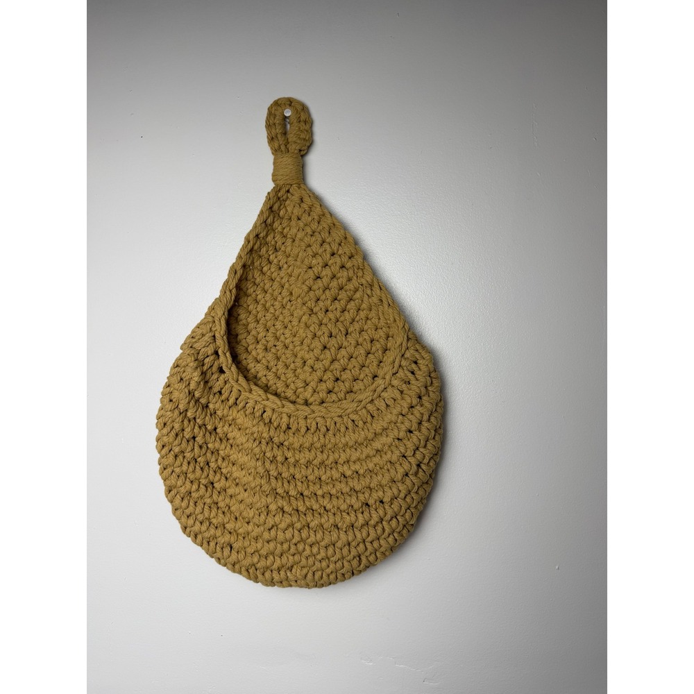 Mustard Yellow Woven Knit Hanging Basket Teardrop Wall Storage Peg Hook Basket